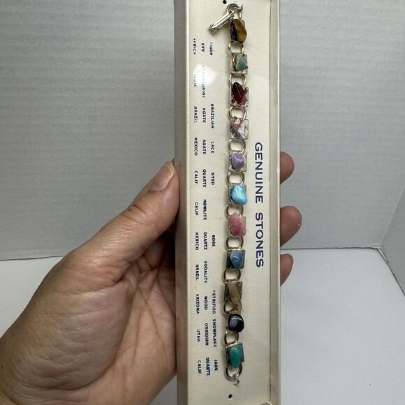 Vintage Metal Panel Link Bracelet With Genuine Natural Stone Nuggets New - Picture 5 of 6